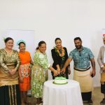 Graduates for the Tonga Cohort 2023 Pacific Greenpreneurs Network Incubator & Accelerator Program. Lu'isa Nau of Culture Fusion Tonga (4th from left), winner of the USD $5,000 seed capital grant and Masa Kawaguchi (3rd from right) winner of the USD $50,000 repayable grant. Graduates, Tupou Kolokihakaufisi of Grace Nursery & Garden (2nd from left), Anaseini Iotebatu of Tini Media (3rd from left). Guest of Honour, Lorraine Kauhenga, Deputy CEO, Trade Negotiation & Policy Division MTED (centre), Sam Vea, President TCCI (2nd from right) & Siosifa Pomana TCCI-PGEN Country Facilitator (1st from left).